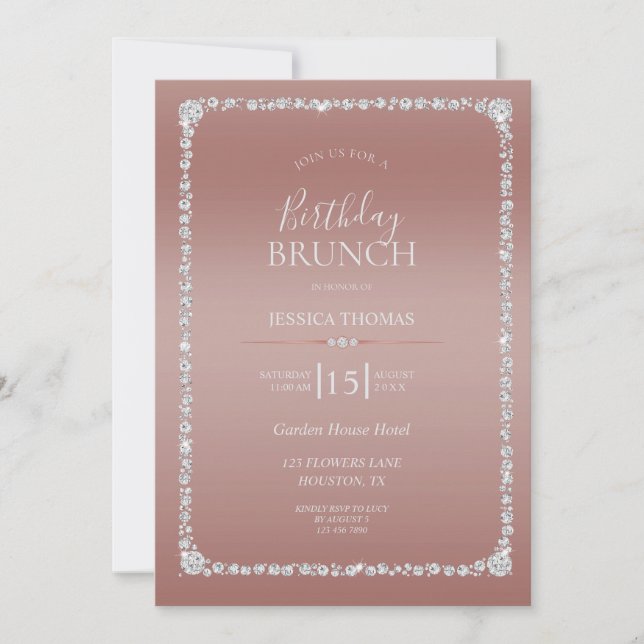 Diamond Framed Rose Gold Brunch Birthday Invitation (Front)