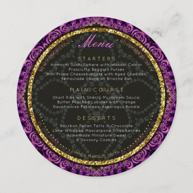 Diamond Fuschia Lace Round Wedding Menu Cards (Front)