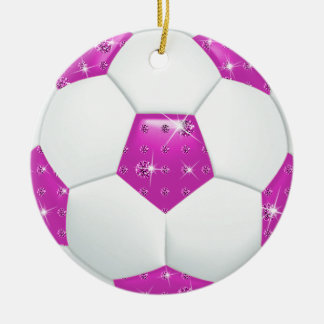 Diamond Gemstones Hot Pink & Aqua Soccer Ball Ceramic Ornament