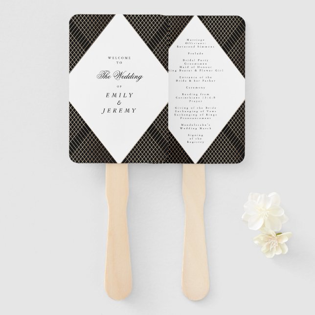 Diamond Geometric Black Gold Gatsby Wedding Hand Fan (Front and Back)