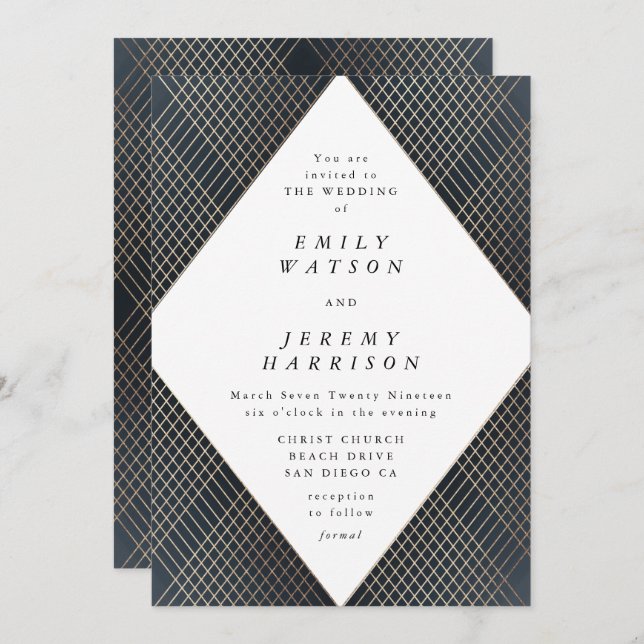 Diamond Geometric Navy Deco Gold Gatsby Wedding Invitation (Front/Back)
