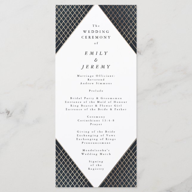 Diamond Geometric Navy Gold Gatsby Wedding Program (Front)