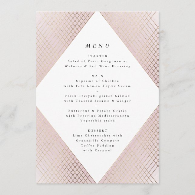 Diamond Geometric Pink Gold Gatsby Wedding Menu (Front)