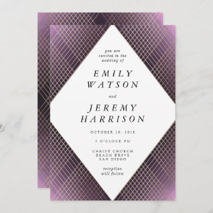 Diamond Geometric Purple Deco Gold Gatsby Wedding Invitation