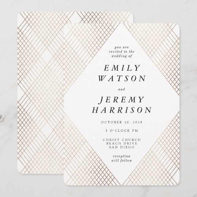 Diamond Geometric White Deco Gold Gatsby Wedding Invitation (Front/Back)