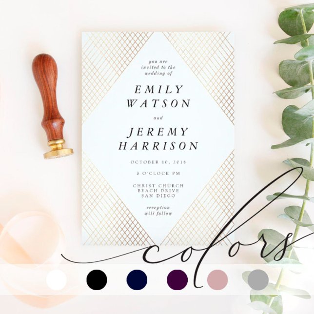 Diamond Geometric White Deco Gold Gatsby Wedding Invitation (Creator Uploaded)