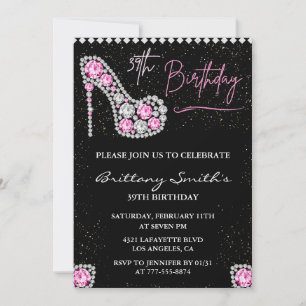 Diamond Glam Black Pink Glitter Shoe 39th birthday Invitation