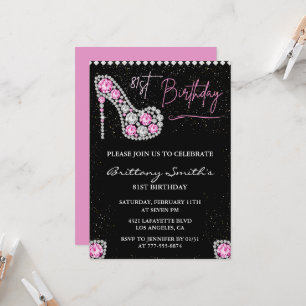 Diamond Glam Black Pink Glitter Shoe 81st birthday Invitation