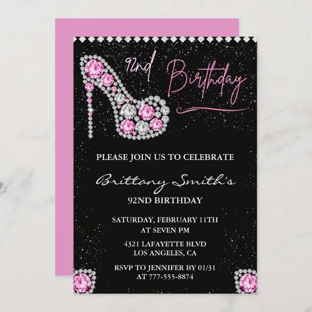 Diamond Glam Black Pink Glitter Shoe 92nd birthday Invitation (Front/Back)