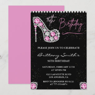 Diamond Glam Black Pink Glitter Shoe 96th birthday Invitation
