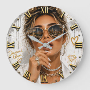 Diamond Glam Luxury Glamorous Woman Portrait Large Clock