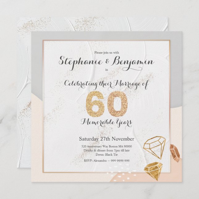 Diamond Glitter 60th Wedding Anniversary Elegant Invitation (Front/Back)