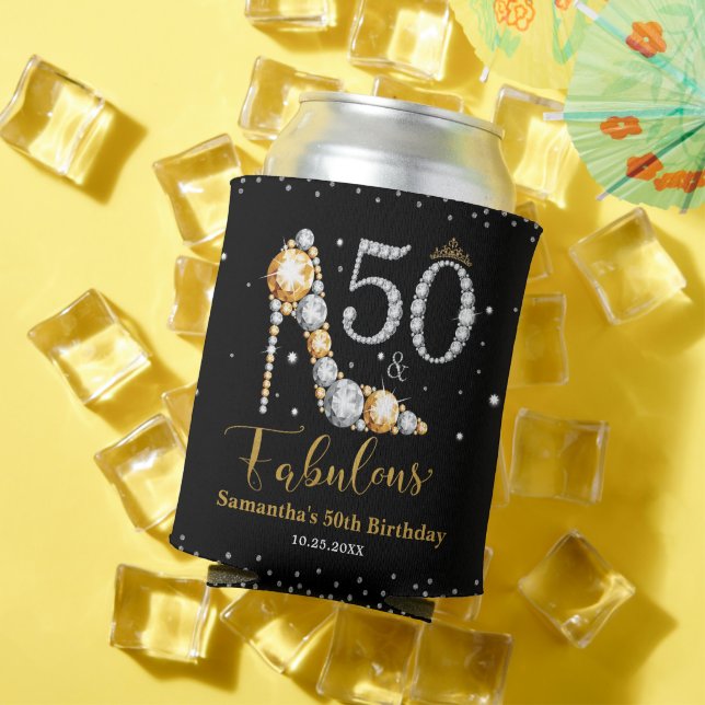 Diamond Glitter Fifty and Fabulous 50th Birthday Can Cooler (In Situ Summer)