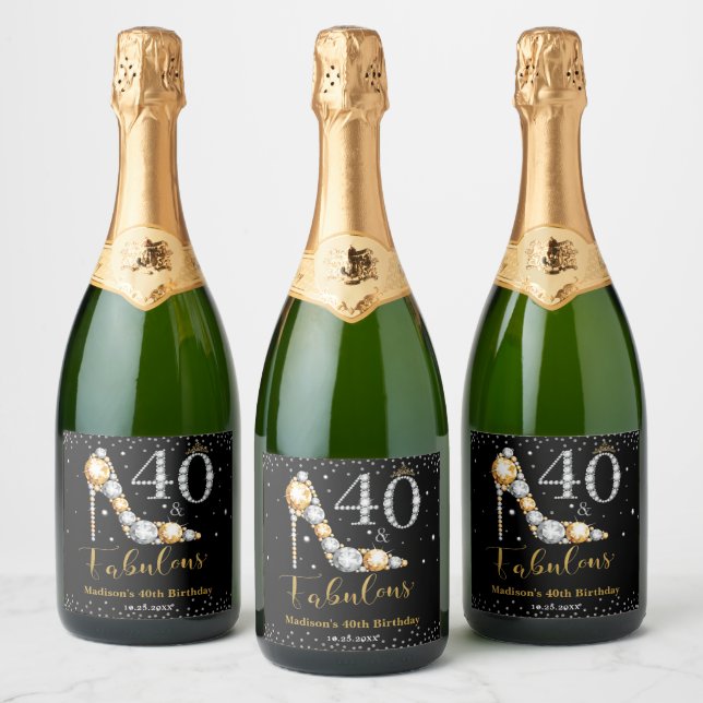 Diamond Glitter Forty and Fabulous 40th Birthday Sparkling Wine Label (Bottles)