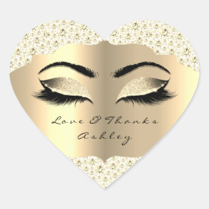 Diamond Glitter Gold Lash Eyes Love &Thanks White Heart Sticker