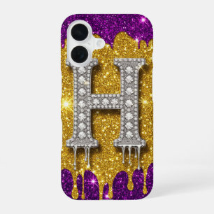 Diamond Glitter Monogram H ✨ Gold Drip Purple iPhone 16 Case