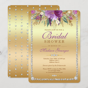 Diamond Glitter Watercolor Flowers Bridal Shower Invitation