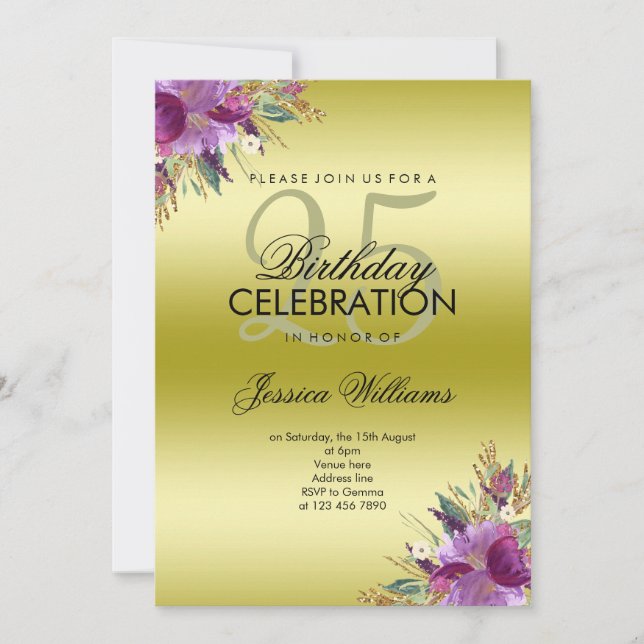 Diamond Glitter Watercolor Flowers Gold Birthday Invitation (Front)