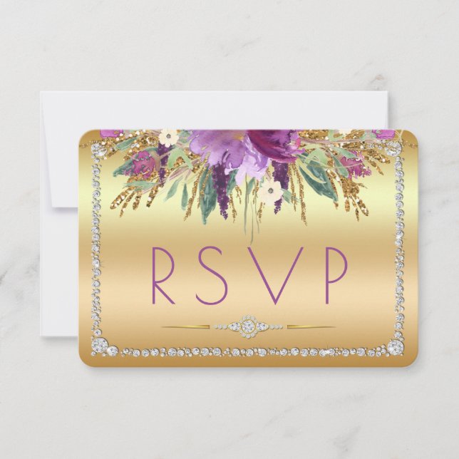 Diamond Glitter Watercolor Flowers Gold RSVP (Front)
