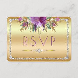 Diamond Glitter Watercolor Flowers Gold RSVP Card