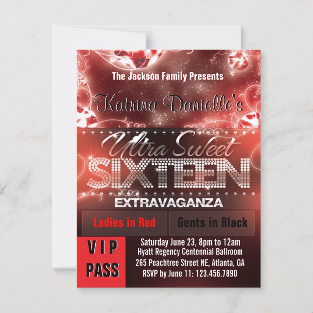 Diamond Glow Sweet Sixteen VIP Pass [Red Black] Invitation (Front)