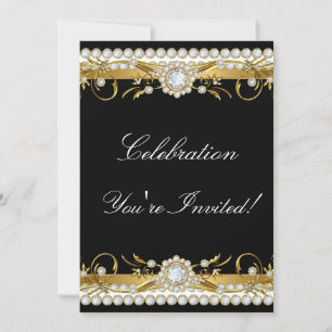 Diamond Gold Black White Floral Celebration Party Invitation