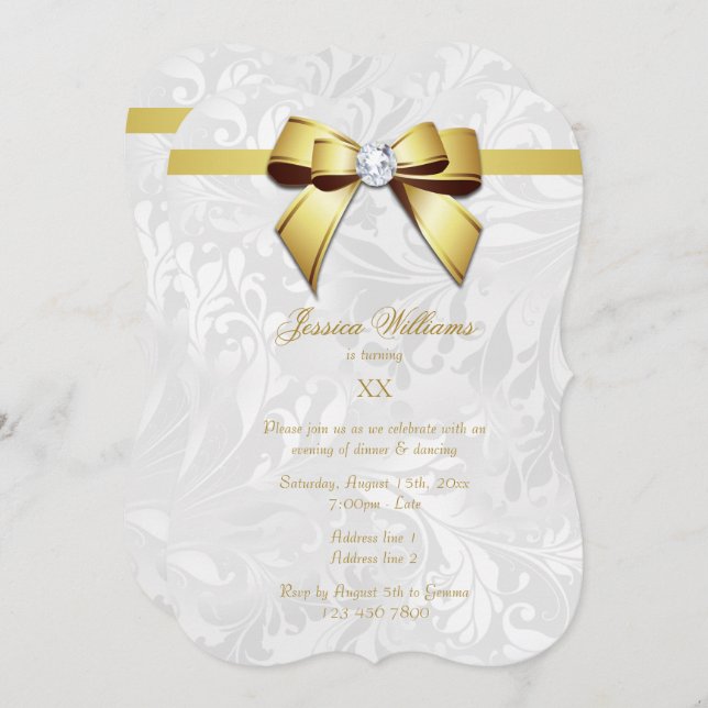 Diamond Gold Bow, Ribbon  & Damask Birthday Party Invitation (Front/Back)