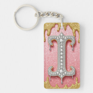 Diamond Gold Letter I Initial Pink Gift For Women Key Ring