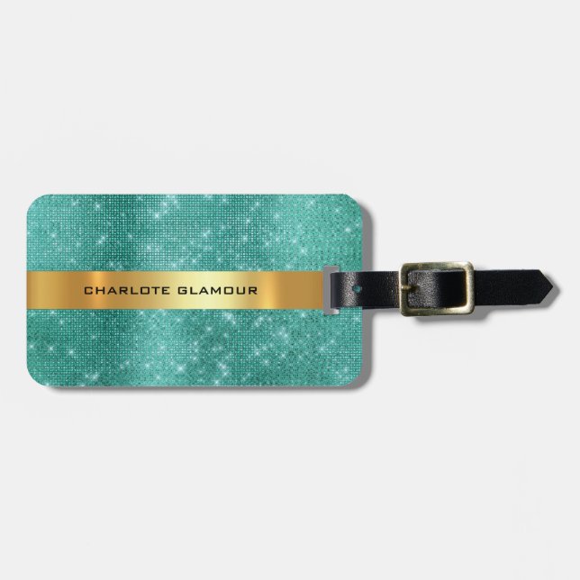 Diamond Gold Sequin Teal Tropic Minimalism Luggage Tag (Front Horizontal)