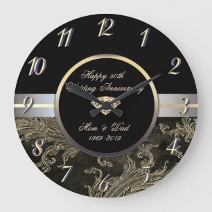 Diamond Gold Swirls Damask50th Wedding Anniversary Large Clock