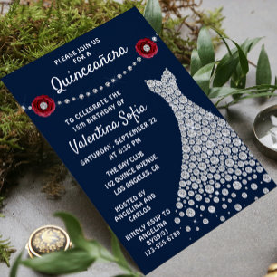 Diamond Gown Navy Blue Chic Modern Quinceañera Invitation