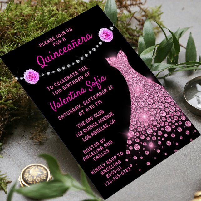 Diamond Gown Pink Rose Modern Quinceañera Invitation (Creator Uploaded)