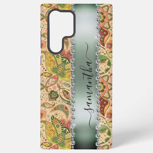 Diamond Green Paisley  Calligraphy Monogram Name Samsung Galaxy S22 Ultra Case (Back)