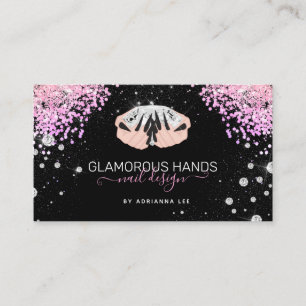 Diamond Hands Pink Glitter Black Nails Nail Tech B Business Card