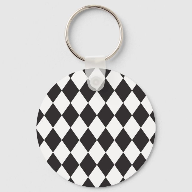 Diamond Harlequin Pattern in Black and White Key Ring (Front)