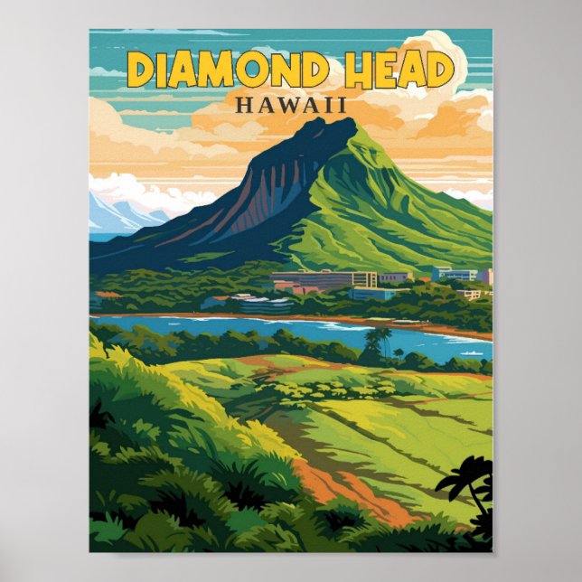 Diamond Head Hawaii vintage travel illustration Poster (Front)