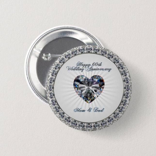 Diamond Heart 60th Wedding Anniversary Button (Front & Back)