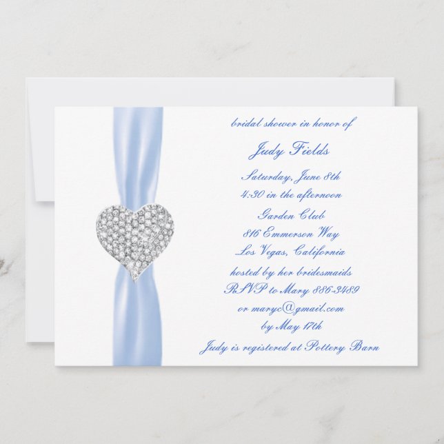 Diamond Heart Blue Wedding Bridal Shower Invite (Front)