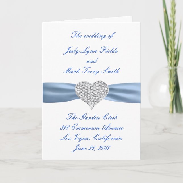 Diamond Heart Blue Wedding Program Card (Front)