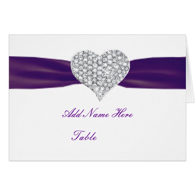 Diamond Heart Dark Purple Wedding Place Card (Front Horizontal)