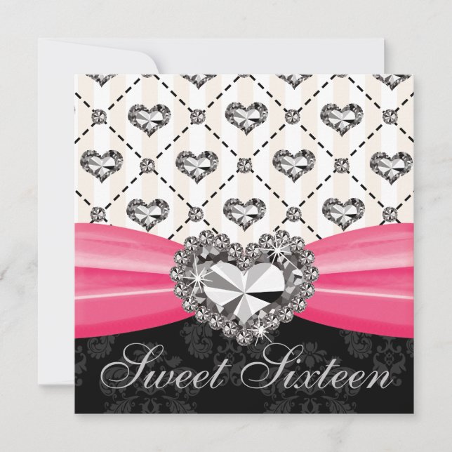 Diamond Heart Hot Pink Sweet Sixteen Invitations D (Front)