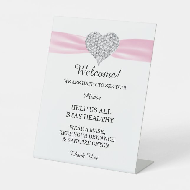 Diamond Heart Pink Ribbon Wedding Safety Pedestal Sign (Front)