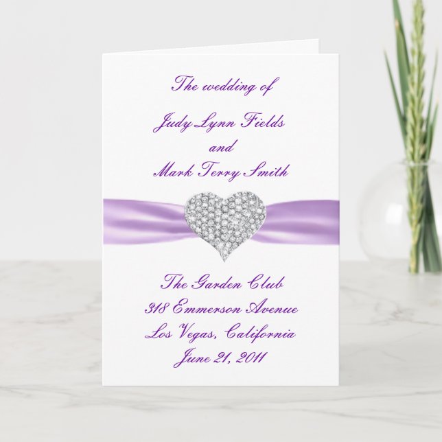 Diamond Heart Purple Wedding Program Card (Front)