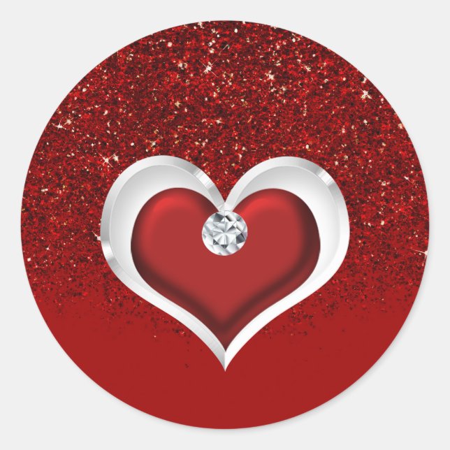 Diamond Heart Red Glitter Sparkle Glam Modern Classic Round Sticker (Front)