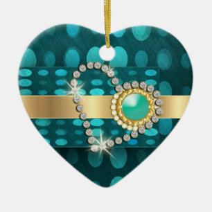 Diamond heart sparkling aqua gems ceramic tree decoration