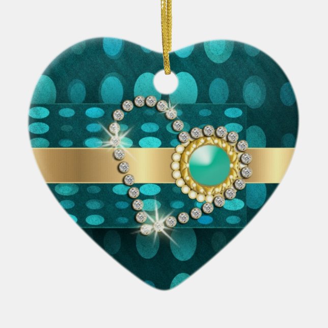 Diamond heart sparkling aqua gems ceramic tree decoration (Front)