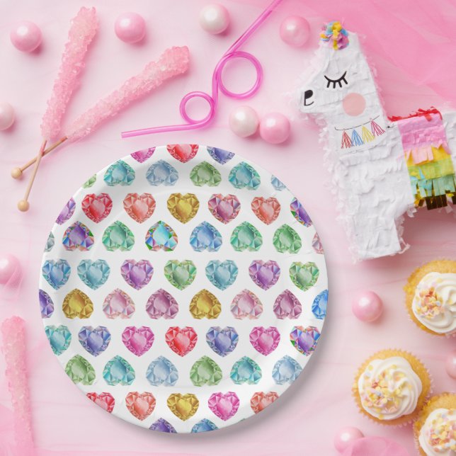 Diamond Heart Watercolor Pattern Cute Pastel Girly Paper Plate (Party)