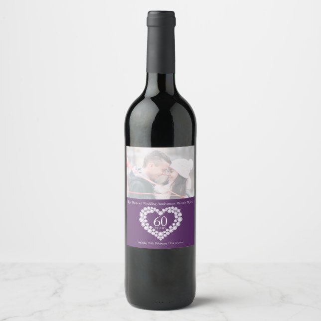 Diamond heart wedding 60 years personalised photo wine label (Front)