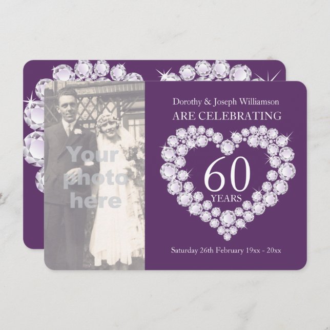 Diamond heart wedding photo 60 years party invites (Front/Back)