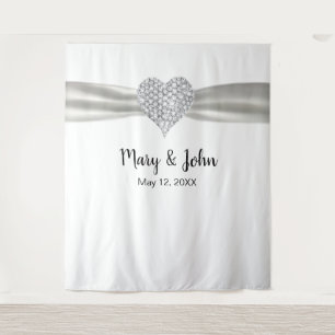 Diamond Heart White Ribbon Wedding Backdrop Tapestry